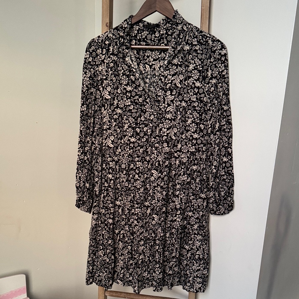 J. Crew Black and White Floral Long Sleeve Dress